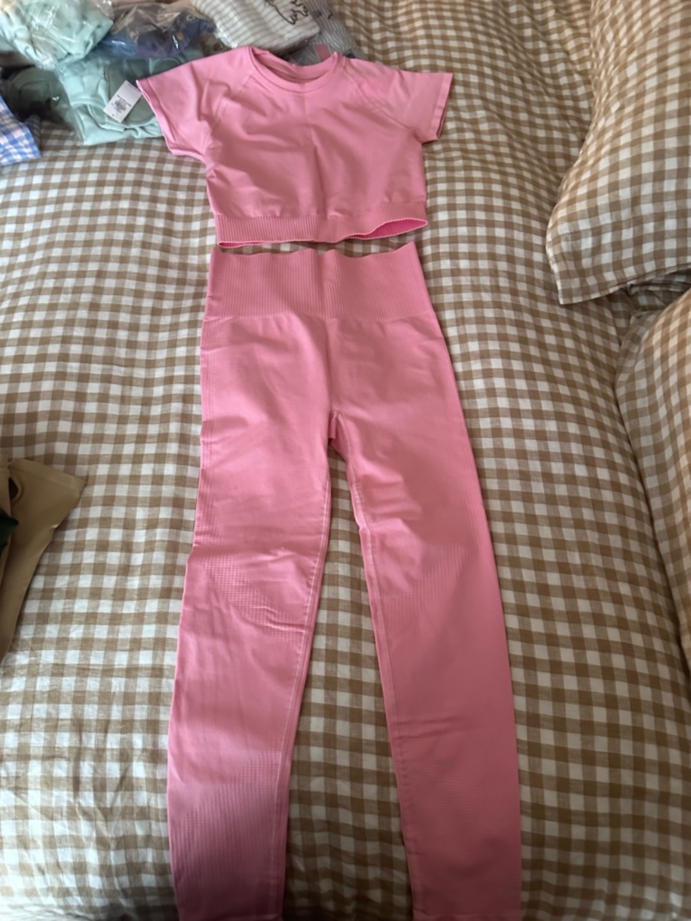 Pink Ribbed Active Set - Crop Top & High-Waist Leggings